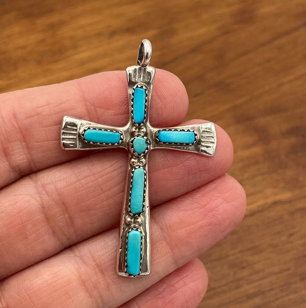 Vintage C Iule Zuni Turquoise Sterling Silver Cross Pendant Cecilia Iule Signed